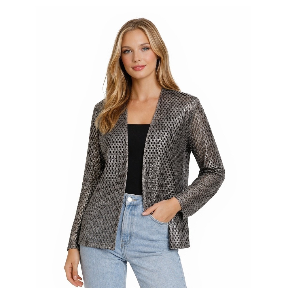 Alex Evenings Crochet Cardigan Sweater Women's Size 20W Silver Metallic Open